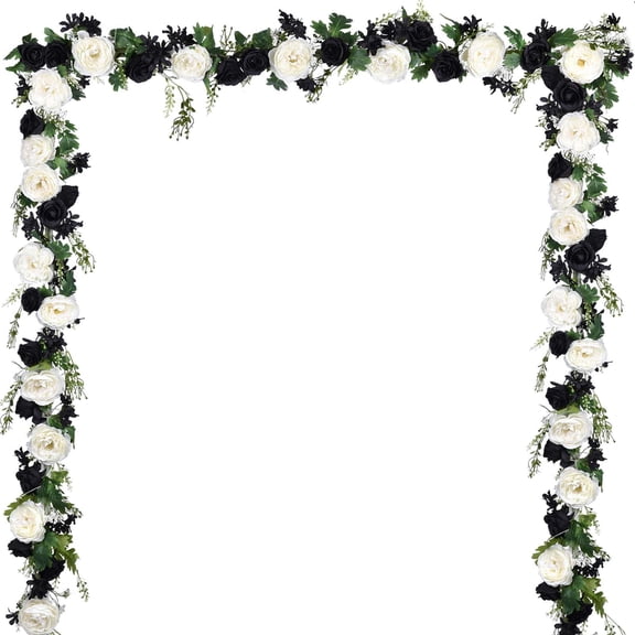 Lvydec 2 Pack Artificial Peony Flower Garland - 6ft Silk Peony Flower Garland for Wedding Party Table Decoration (Black&White) Y102