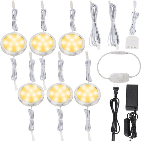 Lvyinyin Liquor Glass Shelf, China Cabinet Display & Decoration Light Fxiture, In Series Linkable Round LED Puck, Rotary Dimmer Switch, 110V Hardwired & Wall Plug in, 6-light-kit, Warm White 2700K