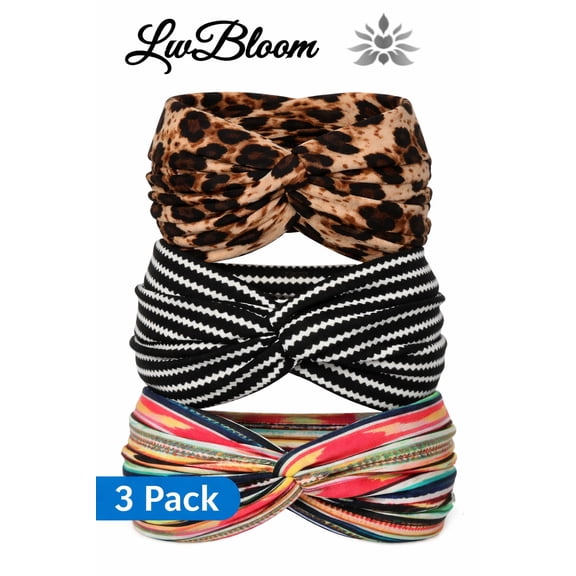 LwBloom Boho Twist Knot Headbands for Women  3 Pack Wide Turban Head Wrap Set, Leopard Black & Tribal Print Hair Bands, Stretchy Fashion Headband for Yoga, Makeup, Workout & Everyday Wear