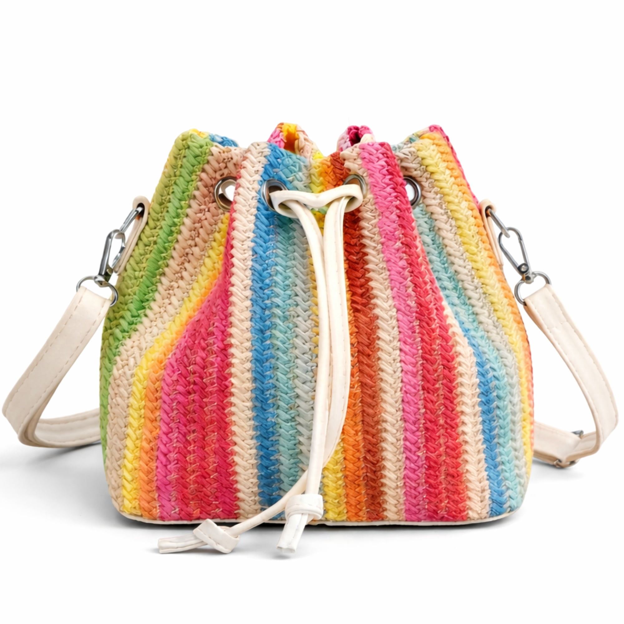 Lwbloom Rainbow Crochet Bucket Bag for Women – Colorful Knit Boho Crossbody Purse with Drawstring Closure, Summer Beach Travel Handbag
