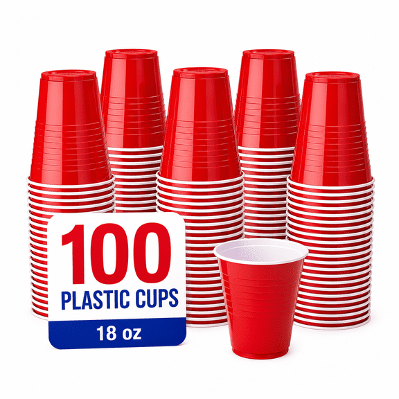 Lwbloom Red Plastic Disposable Party Cups, 18 oz, 100 Count Pack, Heavy-Duty Reusable or Disposable Drinking Cups for Parties, BBQs, Tailgates, Picnics & Events