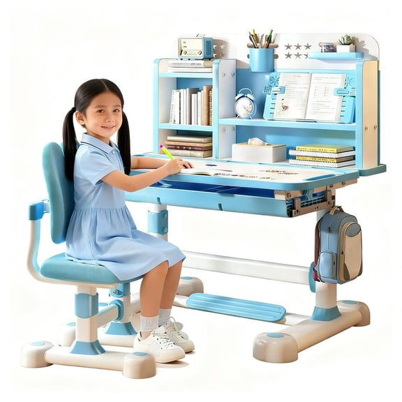 Lweong Height Adjustable Kids Desk and Chair Set, 0-50° Tiltable Desktop, Childrens Desk with Bookstand and Storage Drawer, Kids Study Table and Chair Set, Kid Study Table and Chair Set