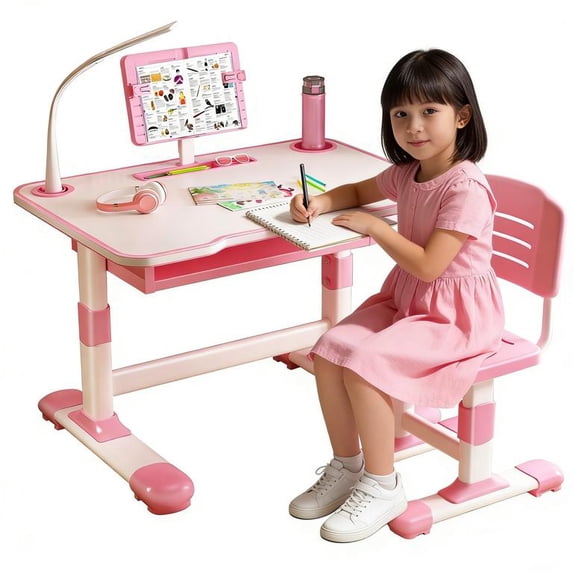 Lweong Kids Desk and Chair Set, Height Adjustable Children's Study Desk with Spacious Storage Drawer, Golden Distance Preventing Myopia Design for Kids