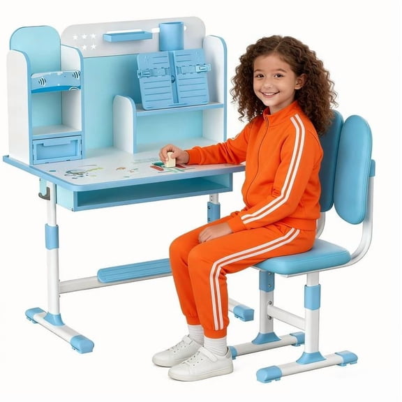 Lweong Kids Desk and Chair Set Adjustable Height, Toddler Study Table Kids Table and Chairs with Storage and Drawers for Writing Reading Drawing