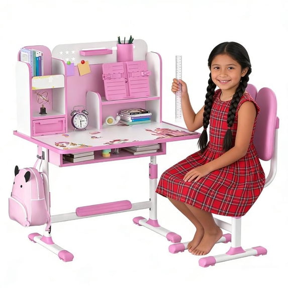 Lweong Kids Functional Desk and Chair Set, Ergonomic Height Adjustable Children School Study Desk with Book Stand, Storage Drawer and Metal Hook for Boys Girls