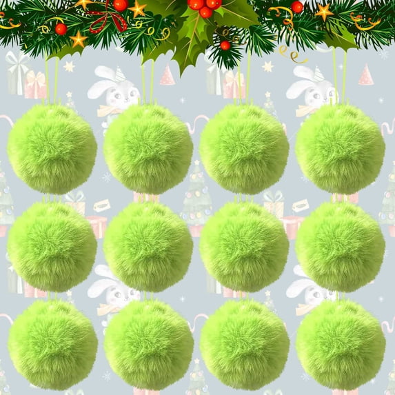 Lwlmwt 12 Pcs 2.4 Inch Green Furry Christmas Balls for Christmas Tree Decorations,Lime Green Pom Poms Balls Christmas Fur Ornaments,Elf Ornaments for Tree Green Christmas Hanging Decorations
