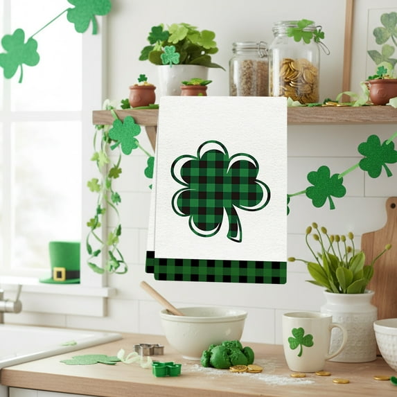Lwlmwt 66x45cm Kitchen Towel,Patrick's Day Dish Towels,Green Lucky Clovers Towel,Green Buffalo Plaid Decoration Hand Towels,for Bathroom Kitchen Baking
