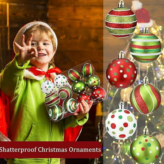 Lwlmwt 8 Pack Large Christmas Ball Ornaments 2.36 Inch Jumbo Glitter Hanging Ball Red/Green/White Candy Plastic Giant Oversized Christmas Ornament for Indoor Outdoor Party Xmas Tree Decor