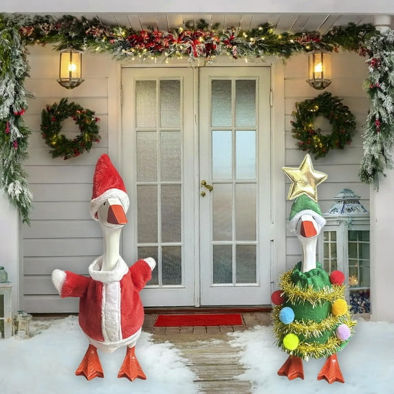 Lwlmwt Christmas Porch Goose Outfits,Mini Goose Costume with Hat,Outdoor Goose Statues and Costumes Outfits,Xmas Winter Yard Patio Decoration