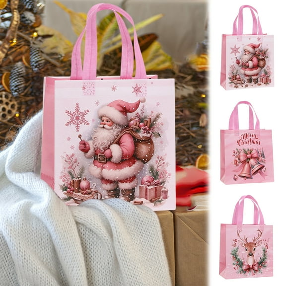 Lwlmwt Christmas Tote Bags,Non-woven Fabric Shopping Bags,for Xmas Gift Wrapping,Holiday Party Supplies,Pink Color Handbag,Festival Gift Packaging Bags