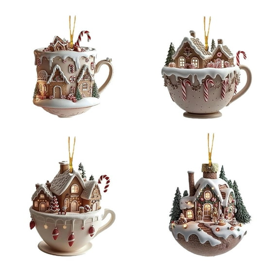 Lwlmwt Coffee Cup Christmas Tree Ornaments, 4 Pack 2D Acrylic Snow House Hot Chocolate Mug Shape Christmas Tree Decorations Set, Christmas Pendant Hanging Ornaments for Window Door Holiday Home Decor