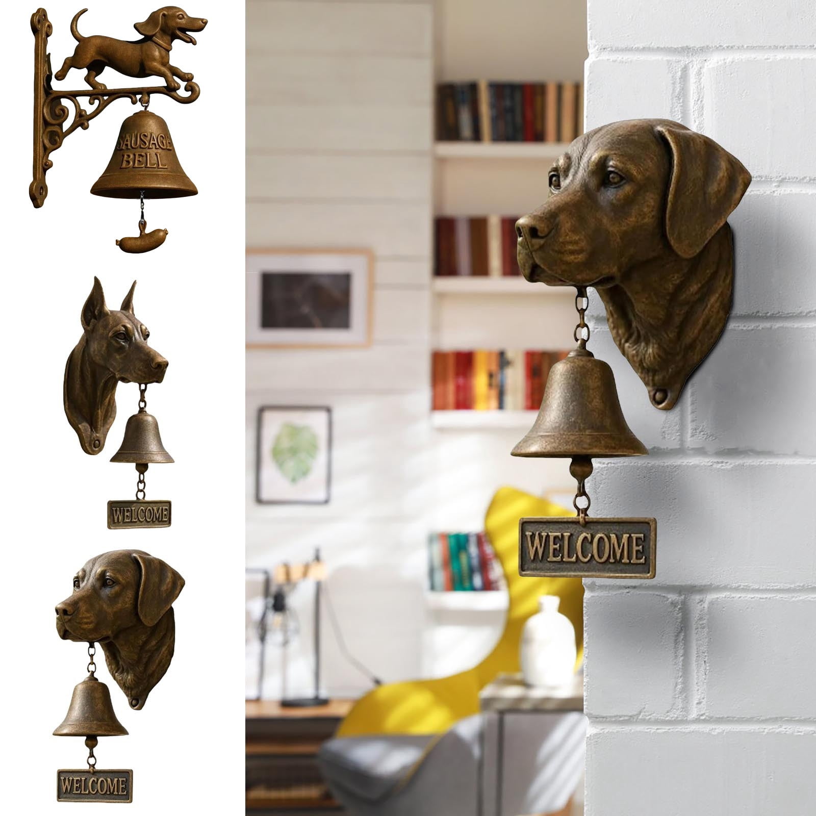 Lwlmwt Dog-Shaped Welcome Doorbell 9.45-inch Cast Iron Ring Doorbell Outdoor Welcome Doorbell Suitable for Porches, Entrances, and Yards