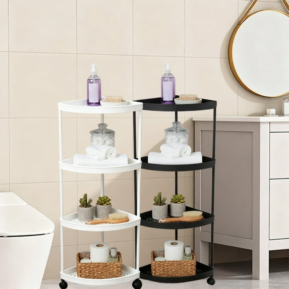 Lwlmwt Four-layer Triangular Shelving with Wheels,Free-Standing Shelf Units,Triangular Curved Corner Shelf Stand,for Bathroom,Kitchen,Vanity Storage and Organizer