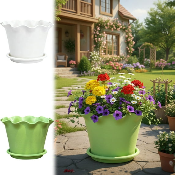 Lwlmwt Scalloped Plastic Plant Pots 6-inch Pot with Tray and Drainage Holes Durable Plastic Planter Ideal for Flowers and Indoor Plants