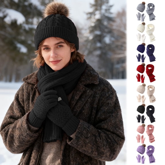 Lwlmwt Solid-color Knitted Hat,Knitted Thick Warm Hat Scarf Gloves 3-Piece ,Daily Outdoor Use Cozy Stylish,Unisex Autumn Winter