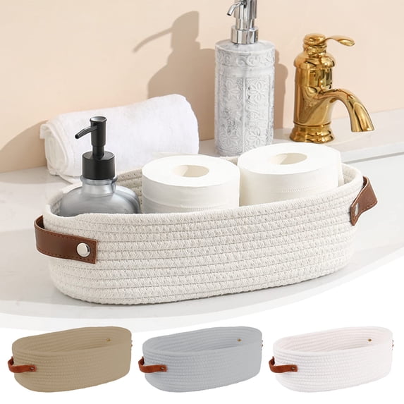 Lwlmwt Storage Basket,Oval-shaped Leather Handle Cotton Rope Toy Bathroom Storage Basket,Rope Woven Organizer with Handle,for Bathroom,Table and Counter