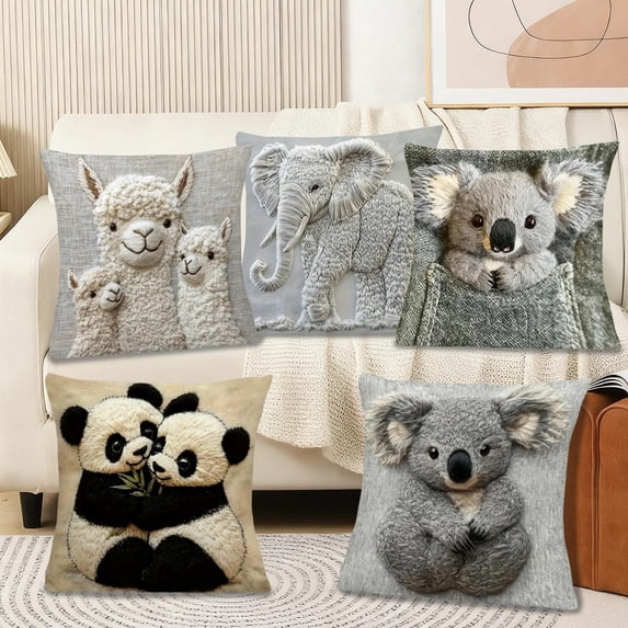 Lwlmwt Three-dimensional Animal Short Plush Pillowcase,Elephants Pandas Koalas And Alpacas Printed Pillow Covers,for Bedroom & Living Room Decor
