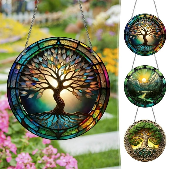 Lwlmwt Tree of Life Sun Catcher Window Decoration 6-inch Acrylic Round Stained Glass Sample Ornament Indoor Hanging Decor Suitable for Home Decor Women's Thanksgiving & Christmas Gift