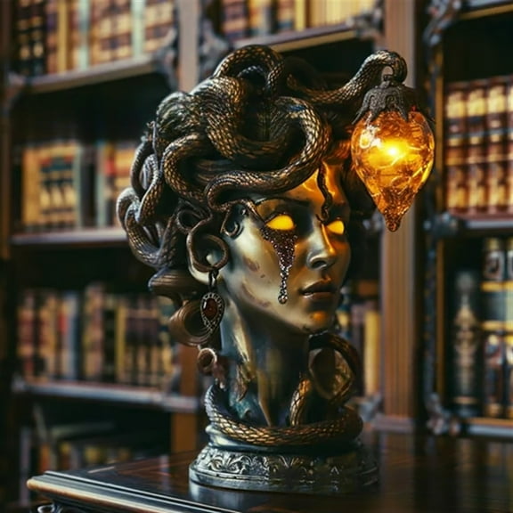 Lwlmwt Vintage Brass Medusa Statue Table Lamp Ancient Greek Mythology Sculpture Whimsical Reading Light Warm-Toned Illumination Perfect for Living Rooms and Bedrooms