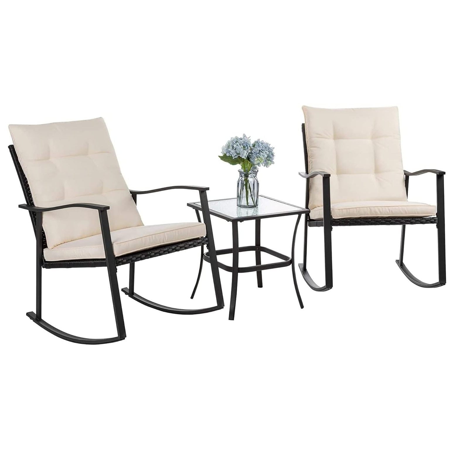 Lwory 3 Piece Outdoor Rocking Chair Set PE Wicker Rattan Small