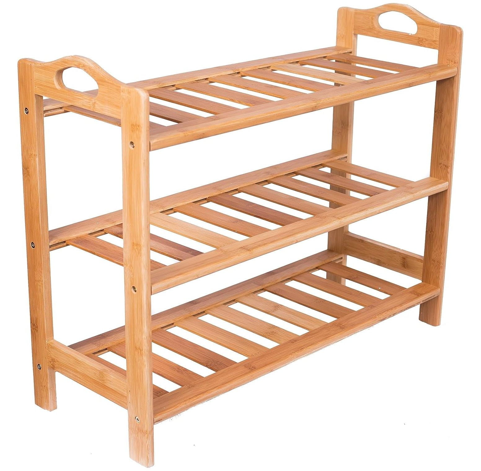Lwory 3 Tier Free Standing Shoe Rack with Handles Natural Bamboo