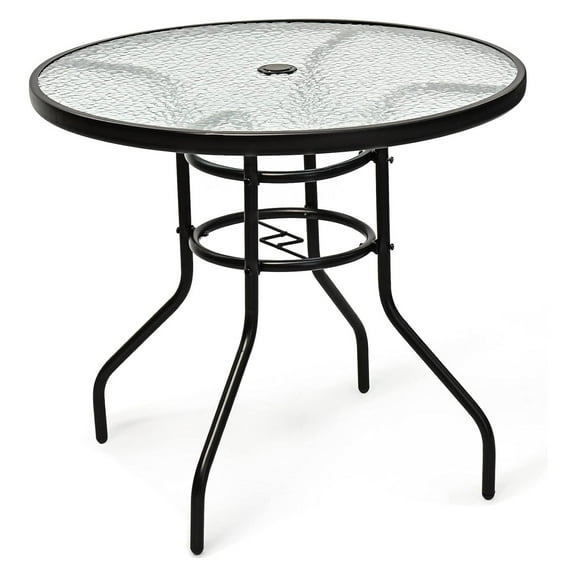 Lwory 32'' Patio Table with Umbrella Hole, Outdoor Bistro Table w/Tempered Glass Top & Sturdy Metal Frame, Round Patio Dining Table Coffee Table for Garden, Balcony, Poolside