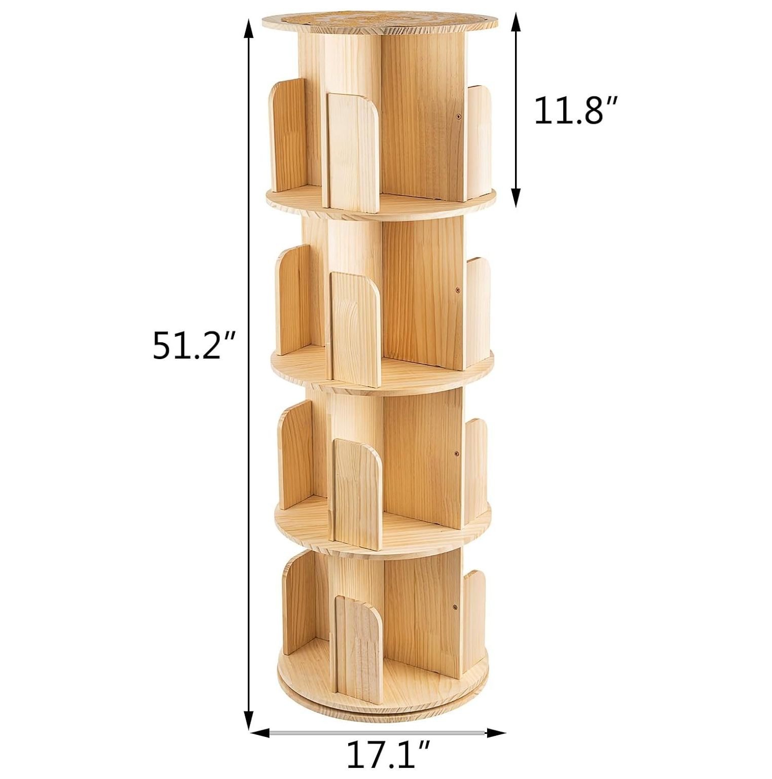 Lwory 4 Tier 360°Rotating Bookshelf, Solid Wood Rotating Bookcase,Bookshelf Organizer