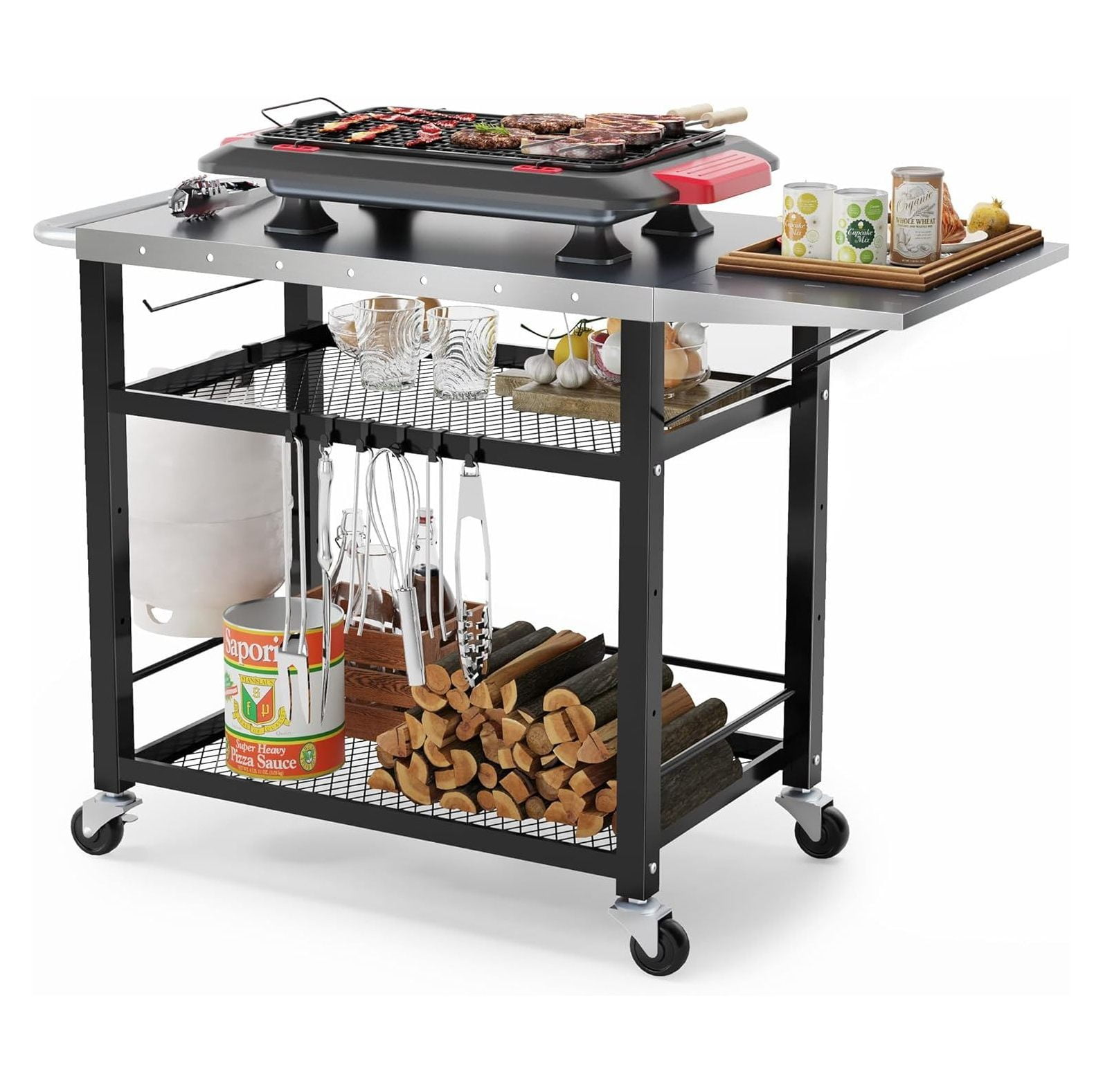 Lwory 43.3"W x 19.7"D Outdoor Grill Cart Table with Foldable Side Table