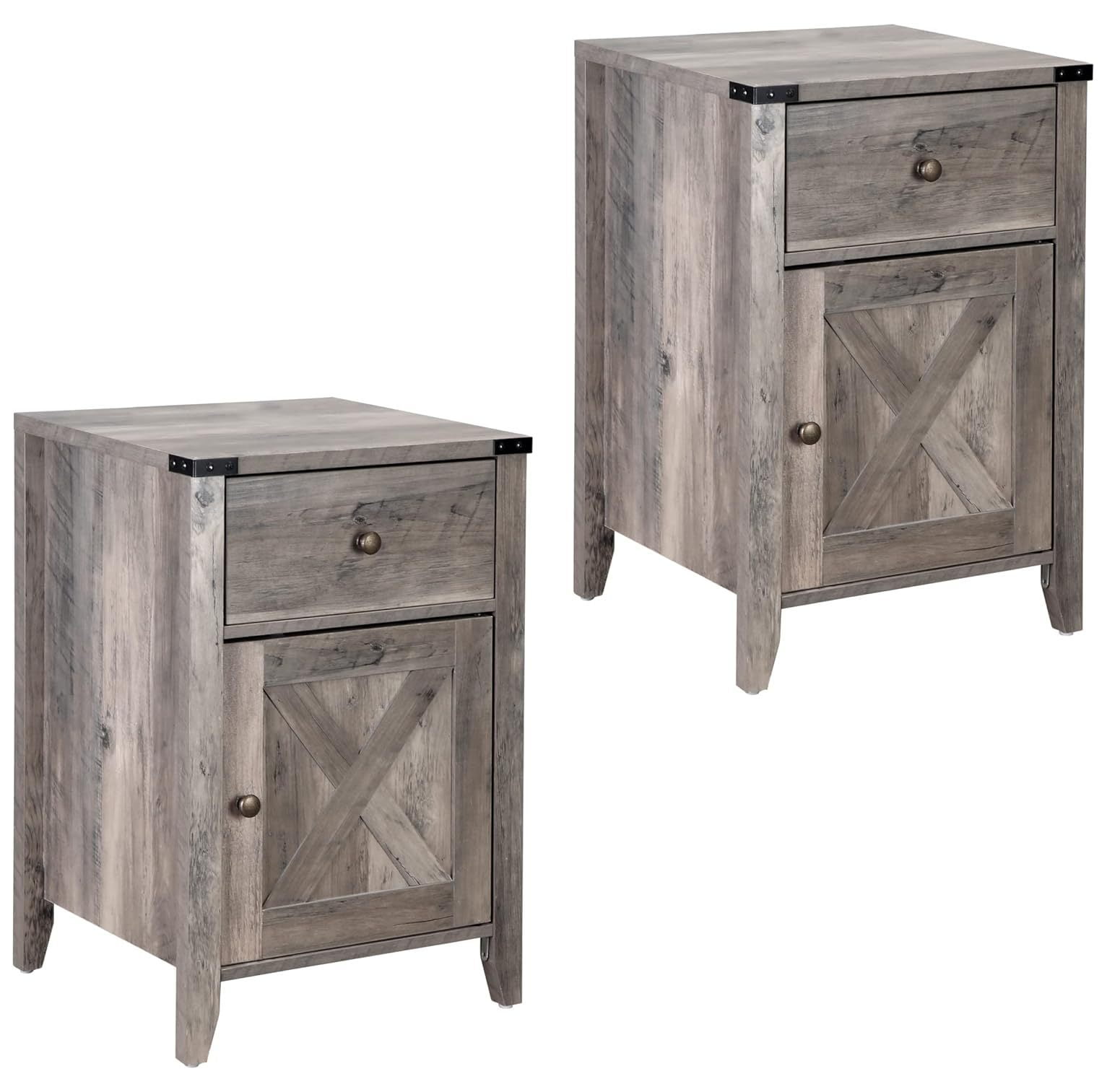 Lwory Barnwood Rustic Farmhouse Nightstand, Side Table with Barn Door and Drawers, Weathered Oak