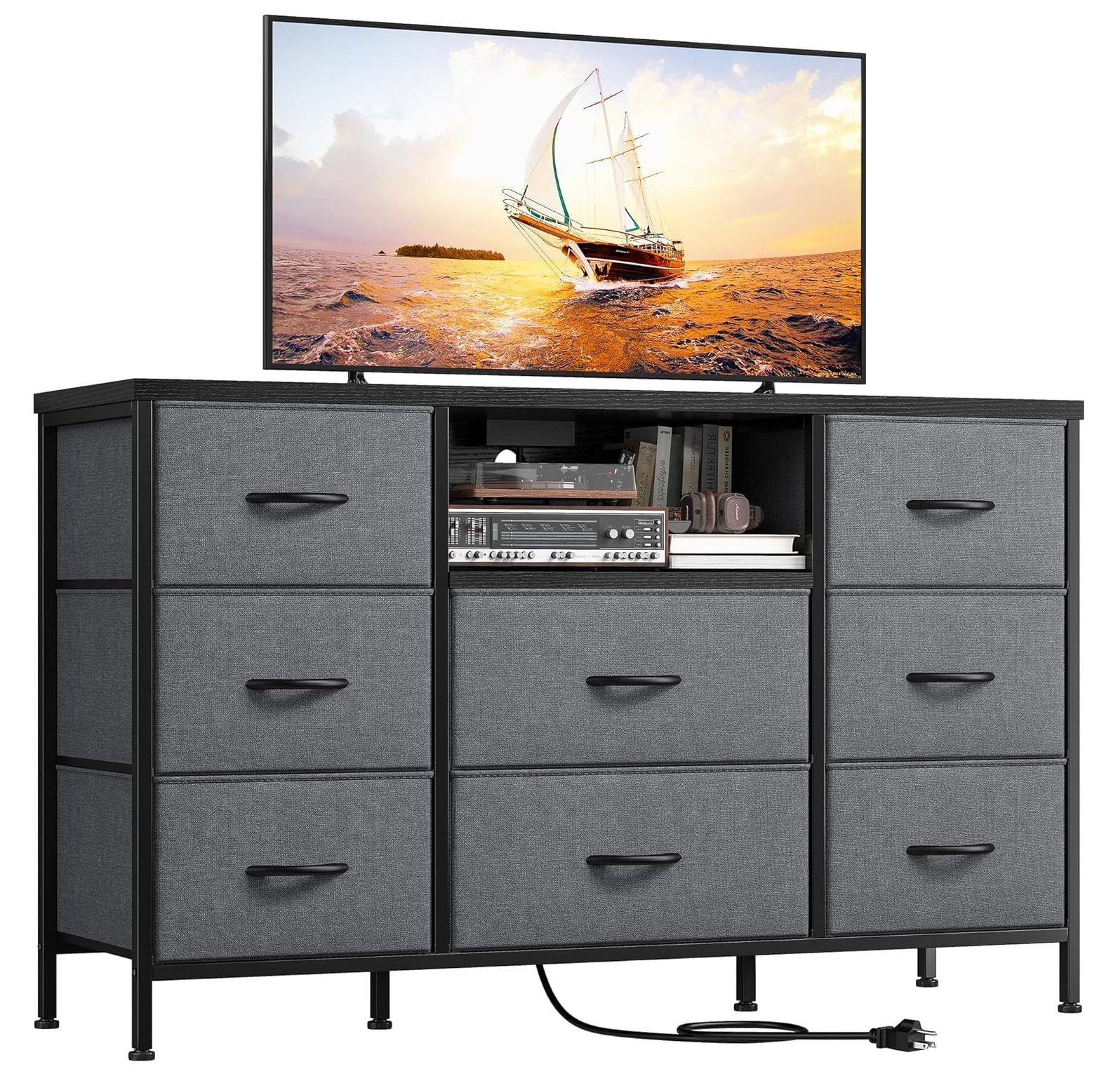 Gray 8-Drawer TV Stand with LED Lights and Power Outlets