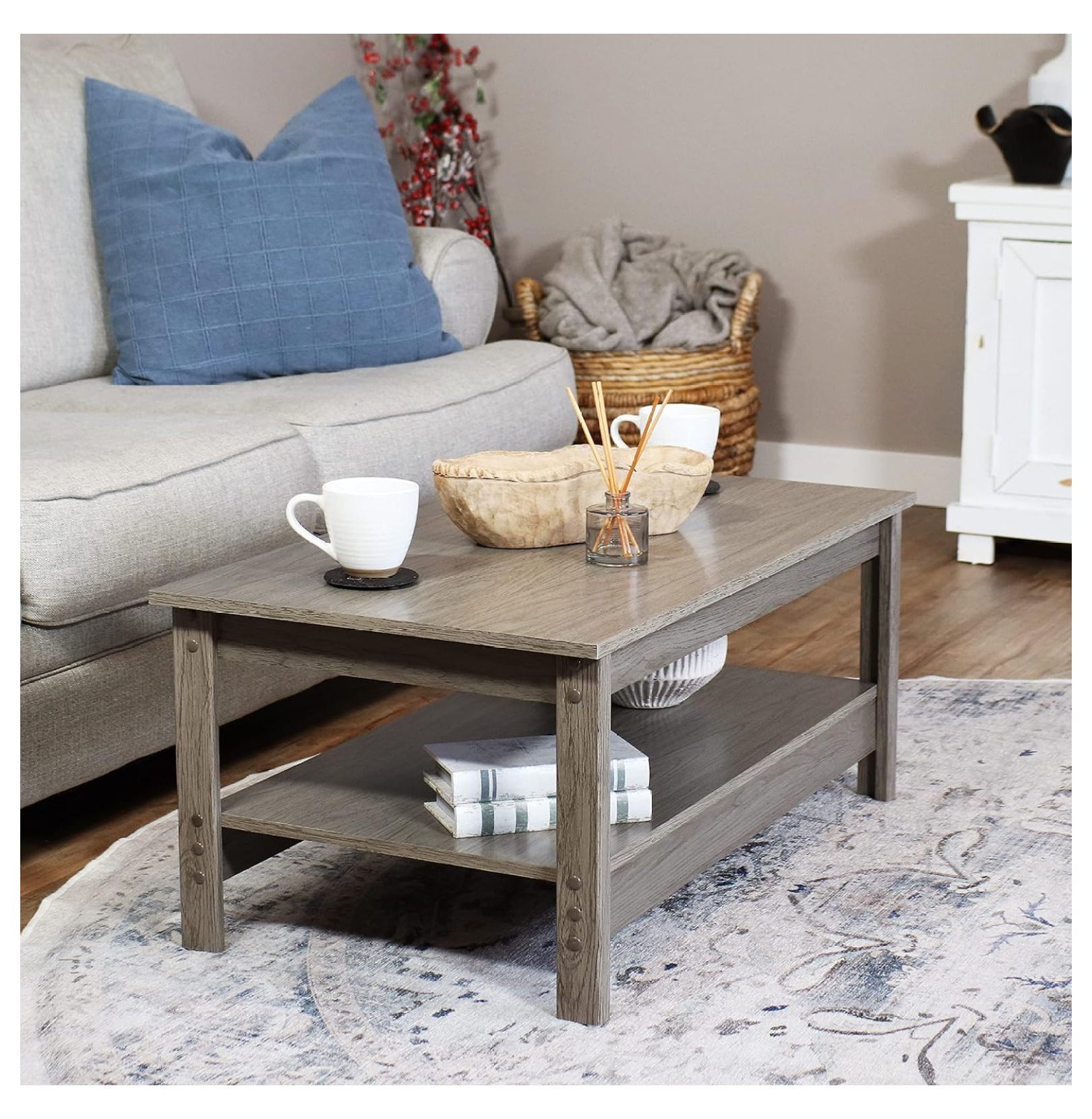 Lwory Gray Wood Coffee Table with Shelf Rustic Wood Cocktail Table