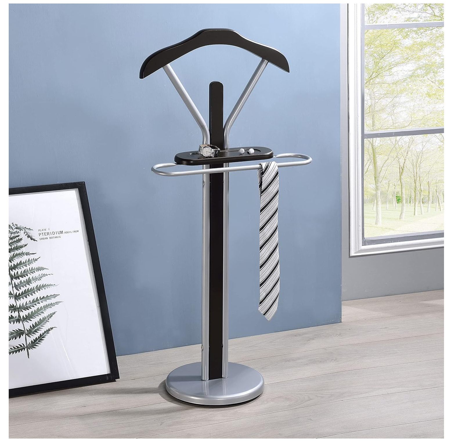 Lwory Kings Brand Silver/Walnut Finish Wood & Metal Suit Valet Rack