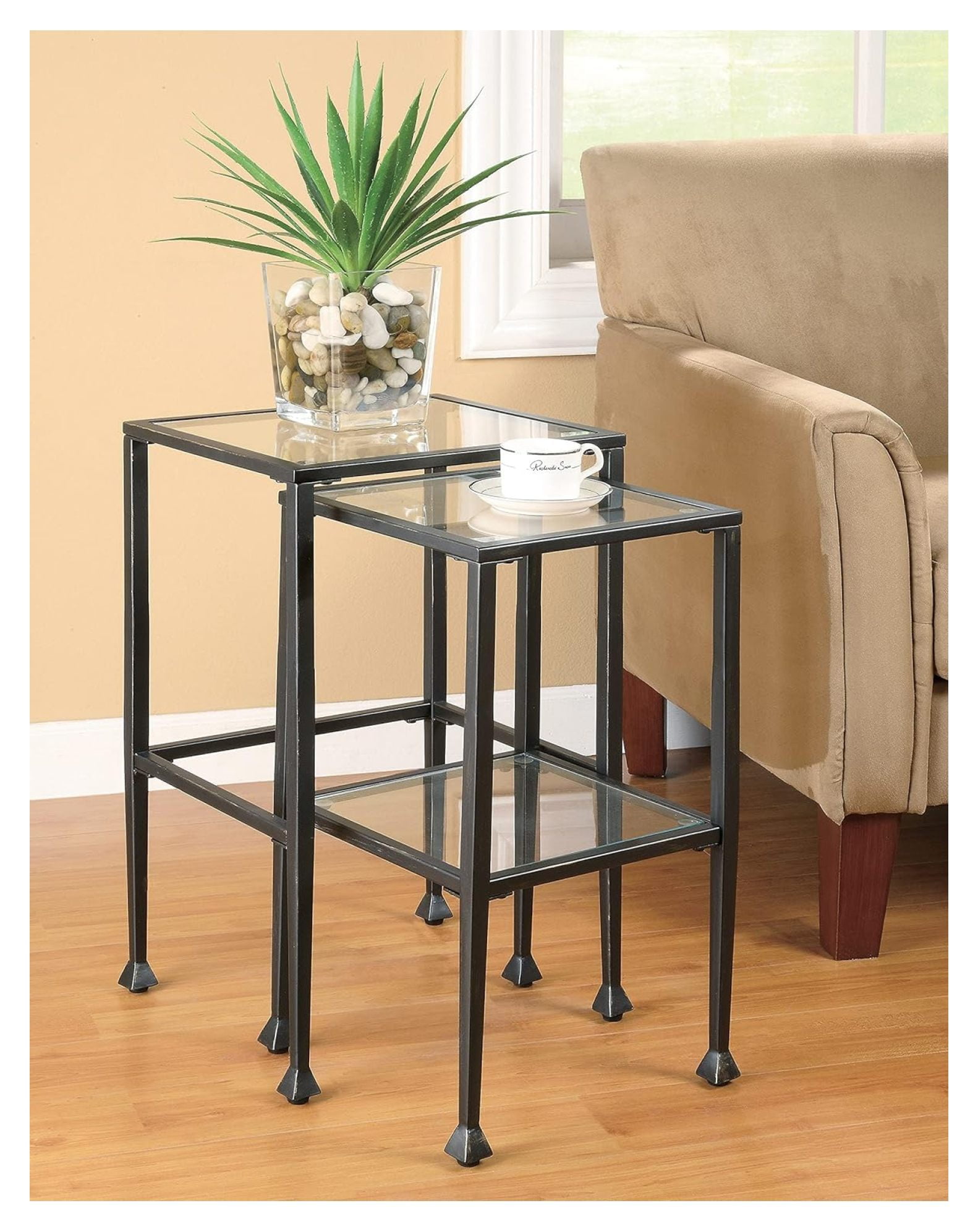 Elegant Black Metal and Glass 2-Piece Nesting Table Set