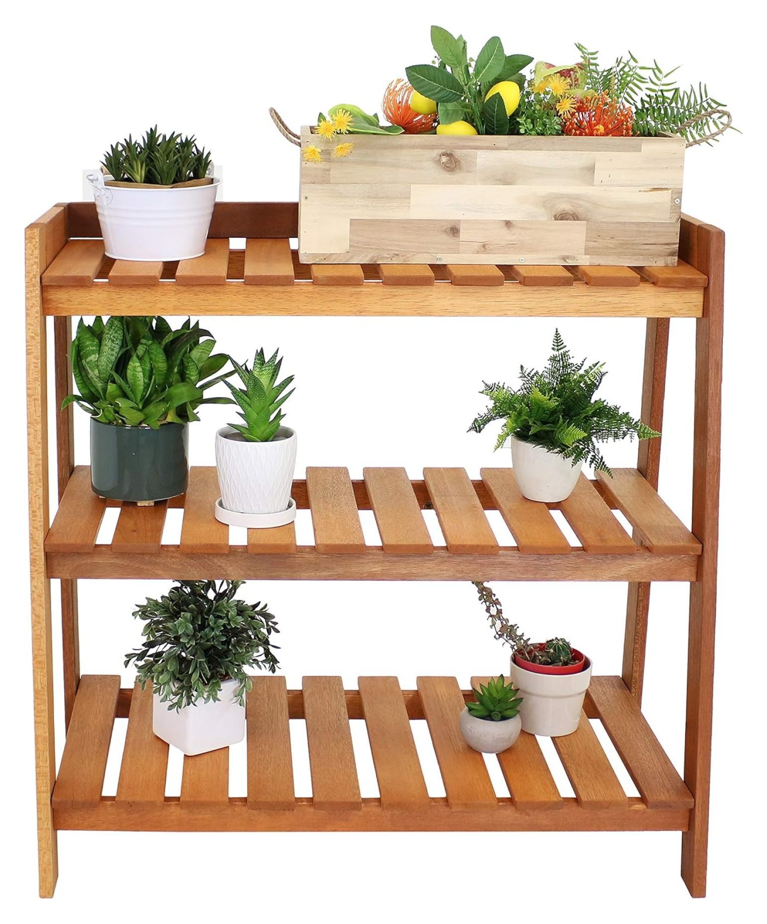 Lwory Outdoor Meranti Wood 3Tiered Garden Shelf with Teak Oil Finish