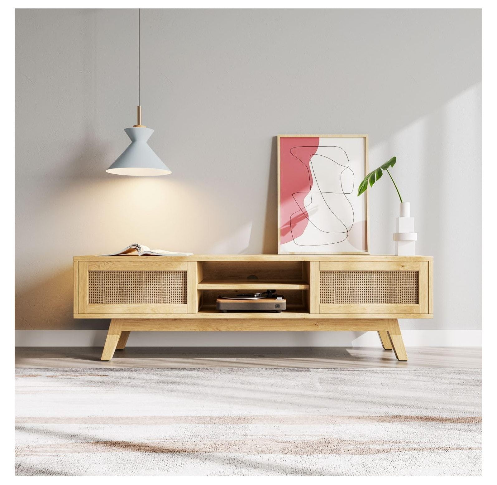Lwory TV Stand with Rattan Sliding Doors, Low Profile Television Stands