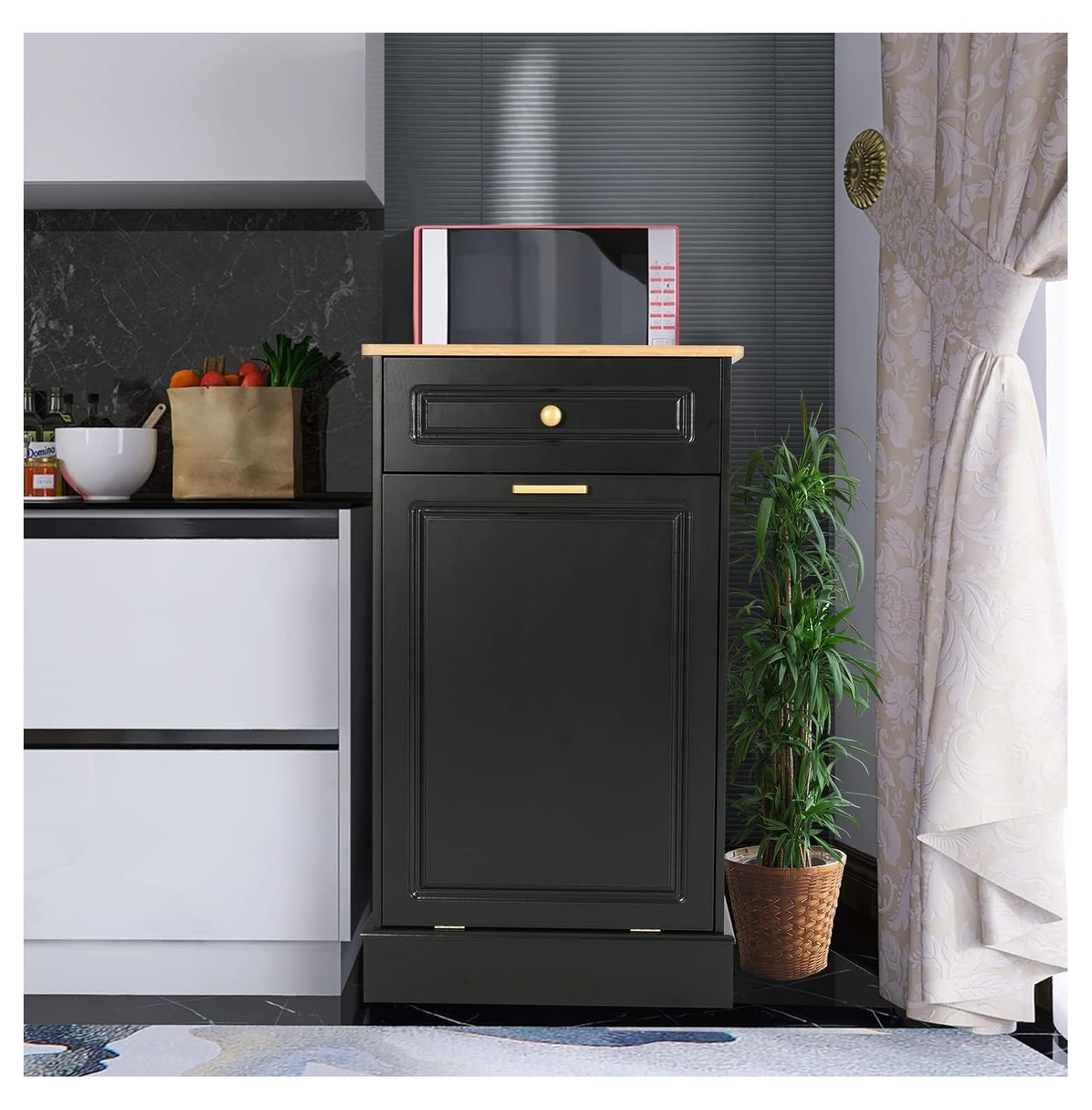 Lwory Tilt Out Trash Free Standing Kitchen Wooden Trash Can