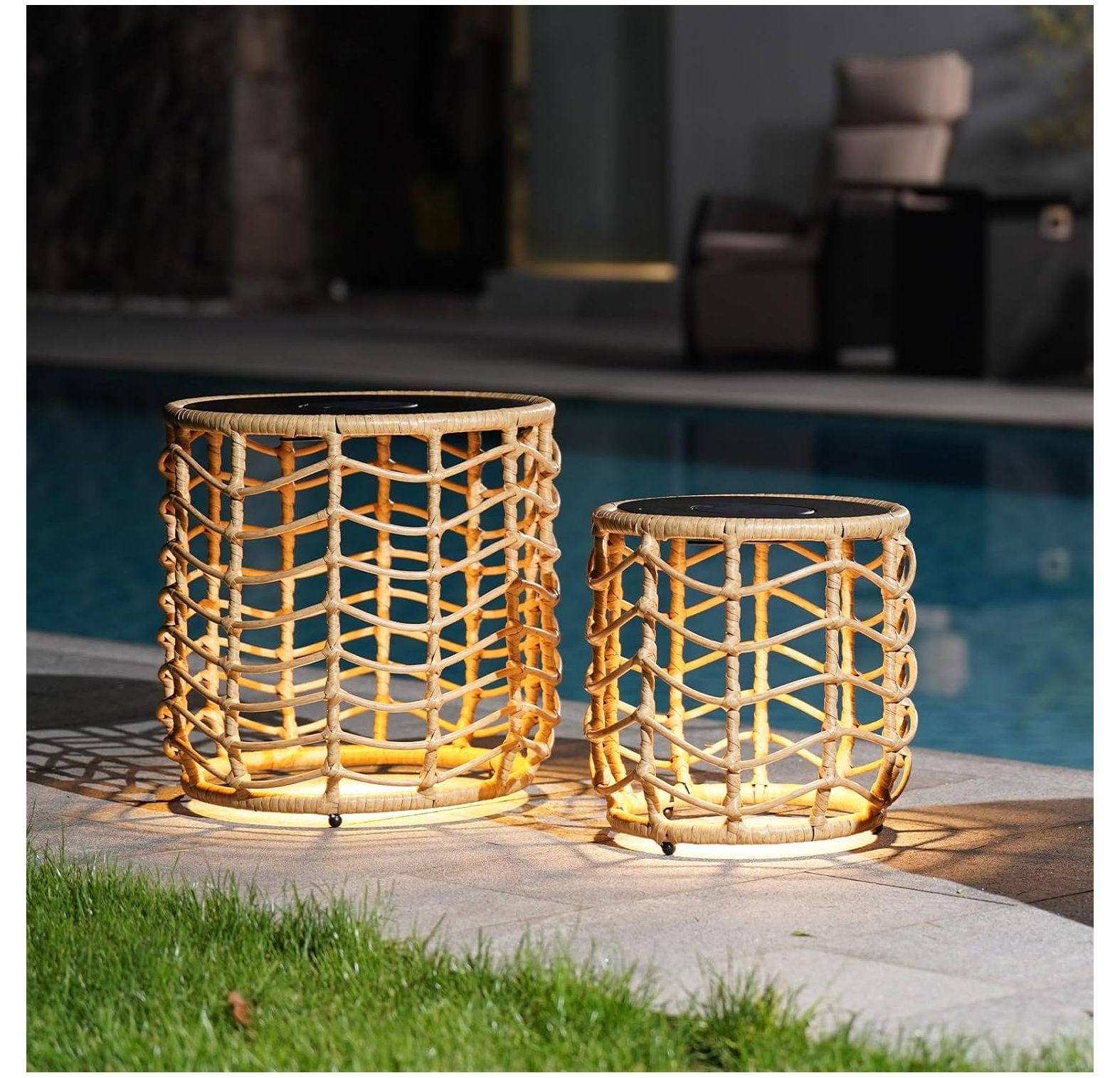 Lwory Wave Outdoor Nesting Tables Builtin Solar Lights Set of 2