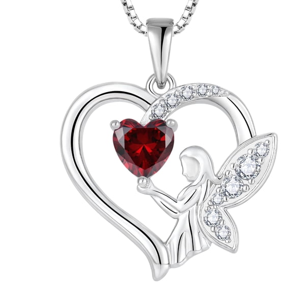 Lwsary Guardian Angel Necklace 925 Sterling Silver Heart Angel Wings Necklace Garnet Pendant January Birthstone Jewelry for Women C87