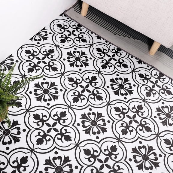 Lxcreat Peel and Stick Floor Tile Flooring Black and White Flower, Vinyl Flooring Self-Adhesive Removable for Bathroom/Kitchen (10 Pcs 11.8-in x 11.8-in)