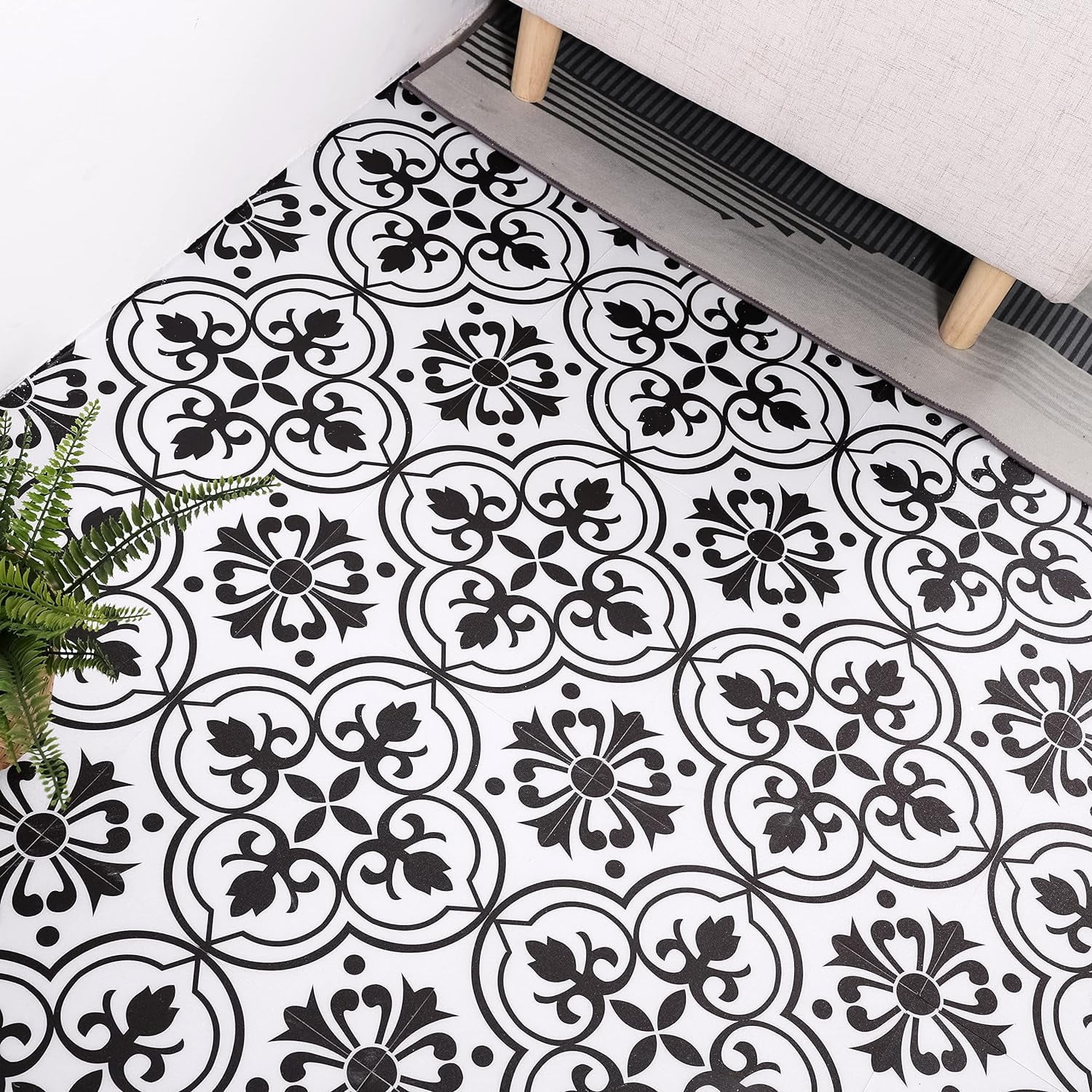 Lxcreat Peel and Stick Floor Tile Flooring Black and White Flower,Vinyl ...