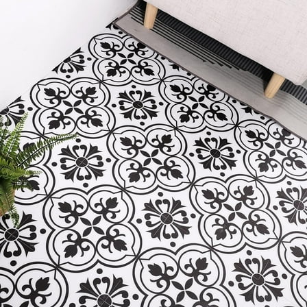 Lxcreat Peel and Stick Floor Tile Flooring Black and White Flower, Vinyl Flooring 11.8-in x 11.8-in Self-Adhesive Removable for Bathroom/Kitchen 10 Pcs
