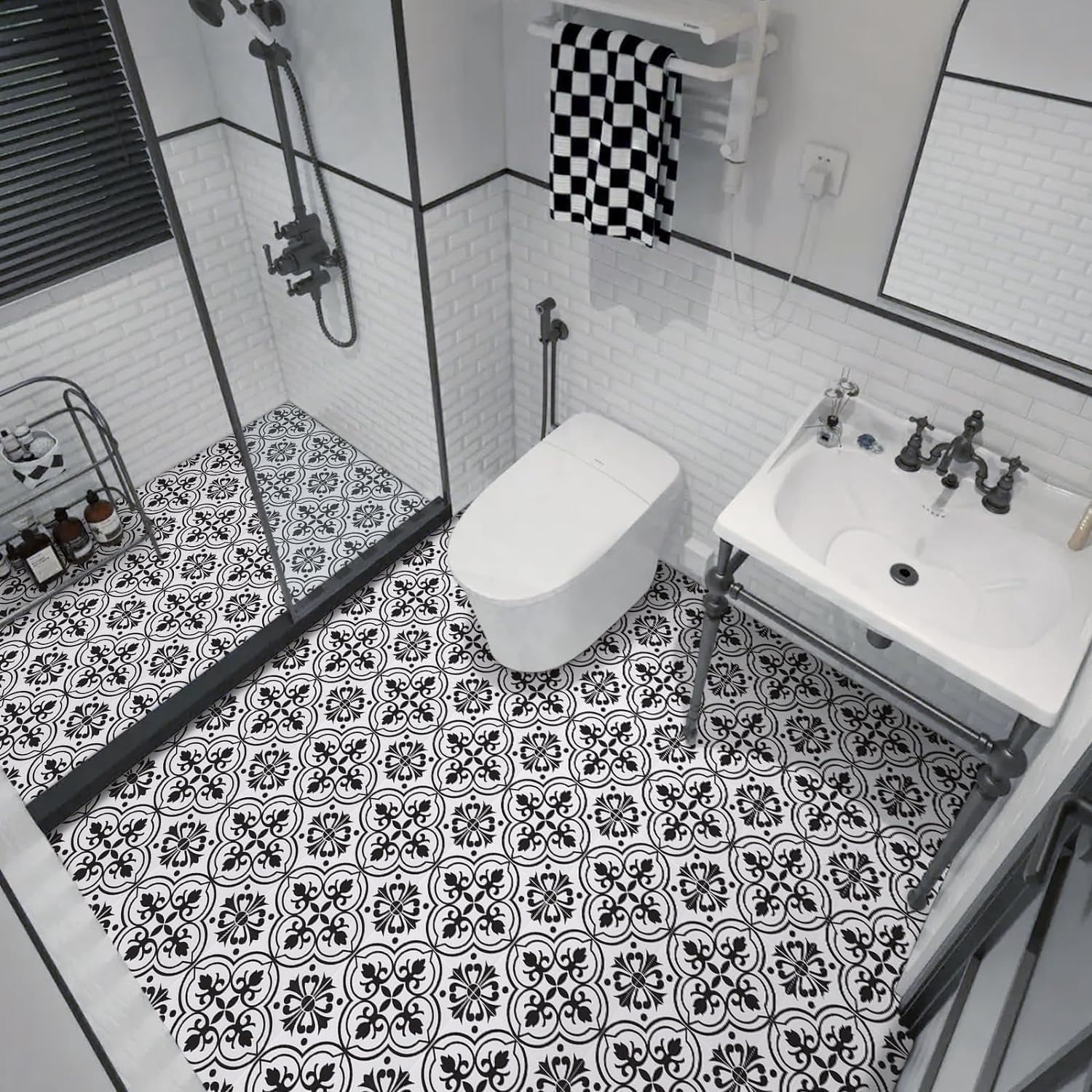 Lxcreat 20 Pcs Peel and Stick Floor Tile Flooring Black and White Flower, Vinyl Flooring 11.8-in x 11.8-in Self-Adhesive Removable for Bathroom/Kitchen