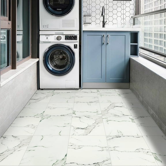 Lxcreat Vinyl Flooring 12" x 12" Peel and Stick Floor Tile Waterproof Removable Flooring Tiles for Rentals Bathroom Kitchen, White and Grey Marble Look