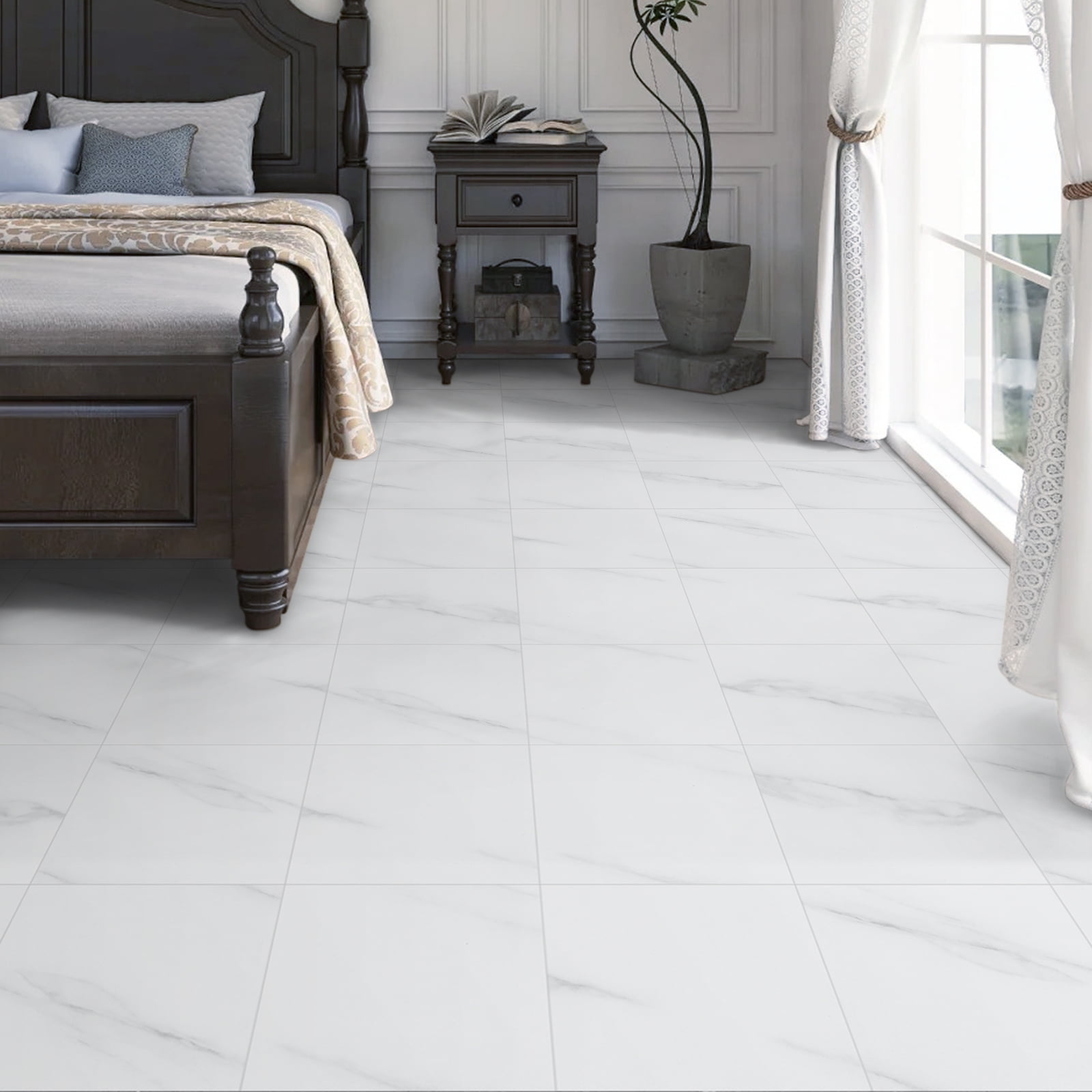 Lxcreat White and Grey Marble Vinyl Flooring, Peel and Stick Floor Tile Waterproof, Peel and Stick Flooring Durable for Update Bathroom Kitchen Basement Toilet