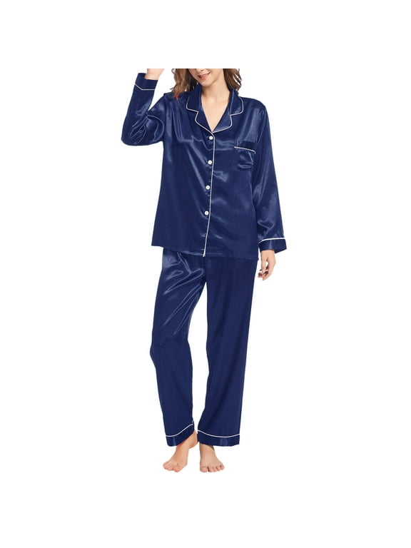 Lxkfashion Clothing Women's Pajama Sleep Sets Multi-Color Womens Silk Like Pajamas Long Sleeve Set Two Piece Sleepwear Button Down Nightwear Loungewear Sets