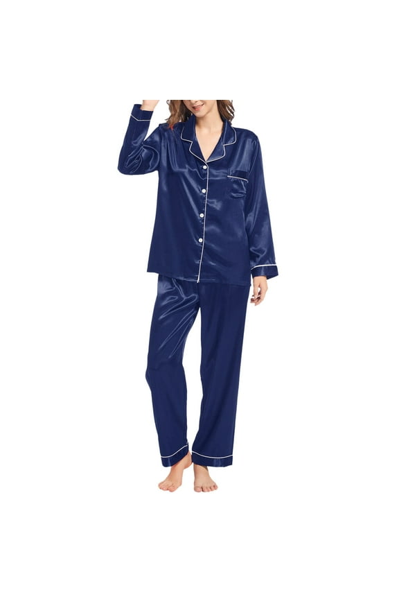 Clothing Women's Pajama Sleep Sets Multi-Color Womens Silk Like Pajamas Long Sleeve Set Two Piece Sleepwear Button Down Nightwear Loungewear Sets