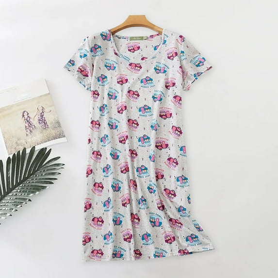 Lxkfashion Sales Under $10 Womens Nightgowns Cotton Sleepwear Plus Size Sleep Shirt Short Sleeve Nightshirt Print Sleepshirt