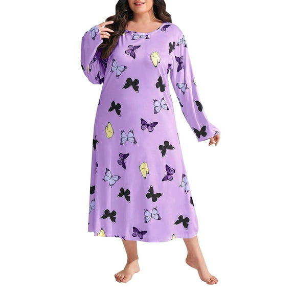 Lxkfashion Clearance Under $10 Purple Nightgowns for Women Soft Cotton Sleep Shirts Long Sleeve Sleepwear
