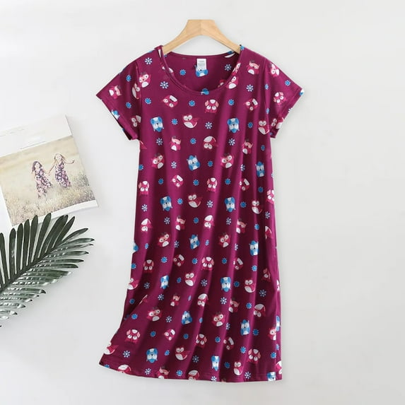Lxkfashion Under $10 Women's Cotton Nightgown Sleepwear Short Sleeves Shirt Casual Print Sleepdress