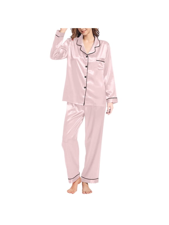 Clothing Women Casual 2 Piece Outfit Pink Womens Silk Like Pajamas Long Sleeve Set Two Piece Sleepwear Button Down Nightwear Loungewear Sets
